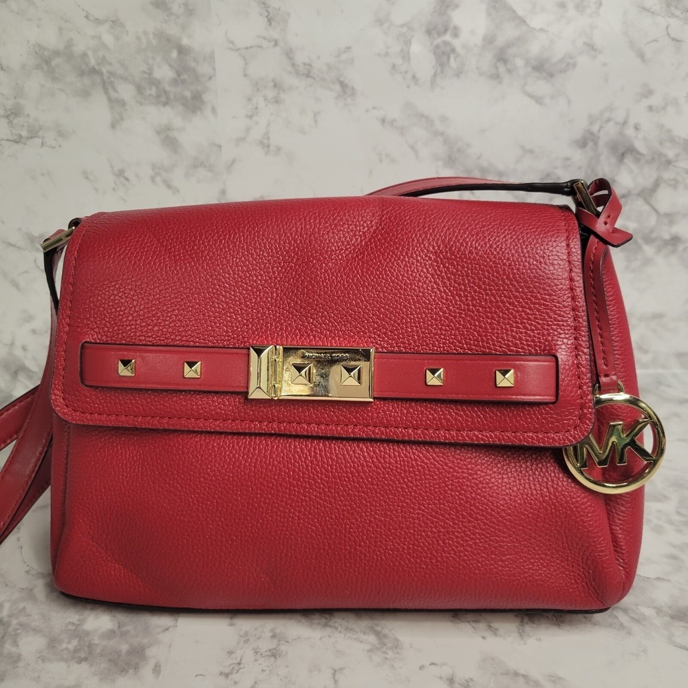 Michael Kors Red Pebbled Leather Studded Flap Crossbody Bag Gold Hardware